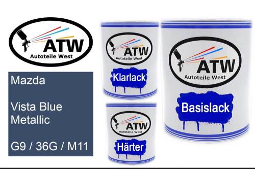 Mazda, Vista Blue Metallic, G9 / 36G / M11: 1L Lackdose + 1L Klarlack + 500ml Härter - Set, von ATW Autoteile West.